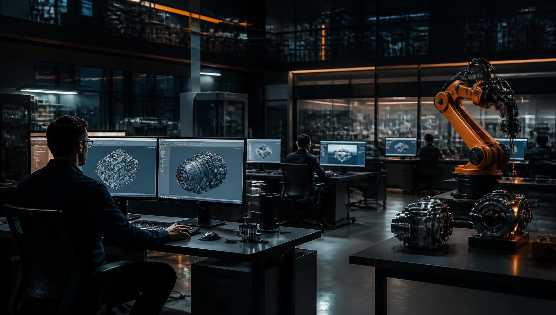 Engineers working at CAD workstations in a modern engineering design office